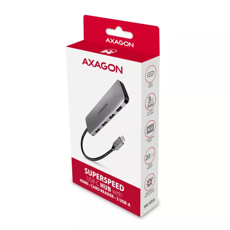 Axagon HMC-HCR3A 3x USB-A+ HDMI+ SD/microSD USB-C 3.2 Gen 1 centrmezgls 20cm Vadu USB 3.2 Gen 1 (3.1 Gen 1) Type-C Pelēks