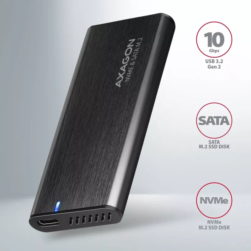 Axagon EEM2-SB2 ārējā USB-C 3.2 Gen 2 metāla kaste M.2 NVMe un SATA SSD diskiem. Bezskrūvju