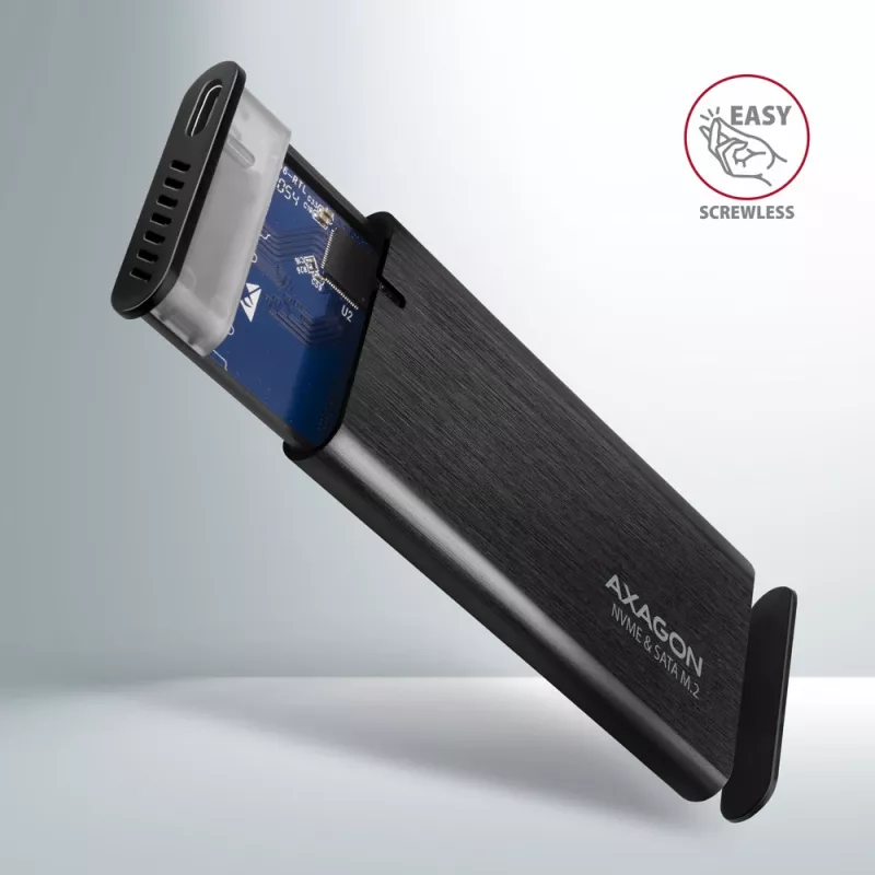 Axagon EEM2-SB2 ārējā USB-C 3.2 Gen 2 metāla kaste M.2 NVMe un SATA SSD diskiem. Bezskrūvju