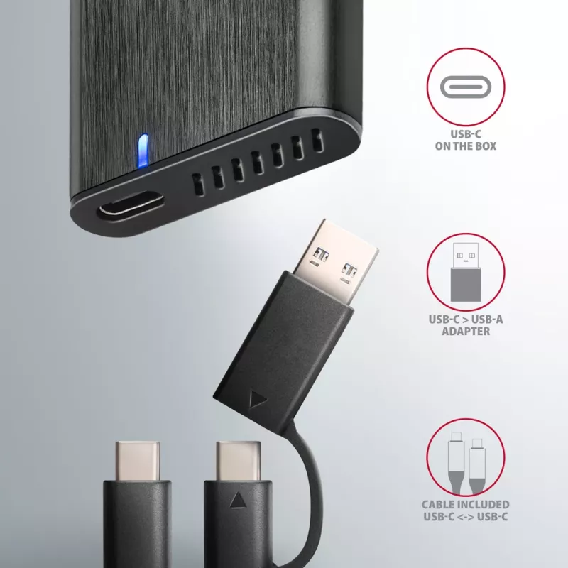 Axagon EEM2-SB2 ārējā USB-C 3.2 Gen 2 metāla kaste M.2 NVMe un SATA SSD diskiem. Bezskrūvju