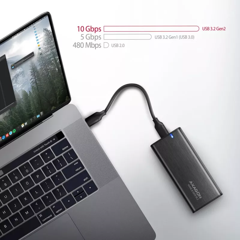 Axagon EEM2-SB2 ārējā USB-C 3.2 Gen 2 metāla kaste M.2 NVMe un SATA SSD diskiem. Bezskrūvju