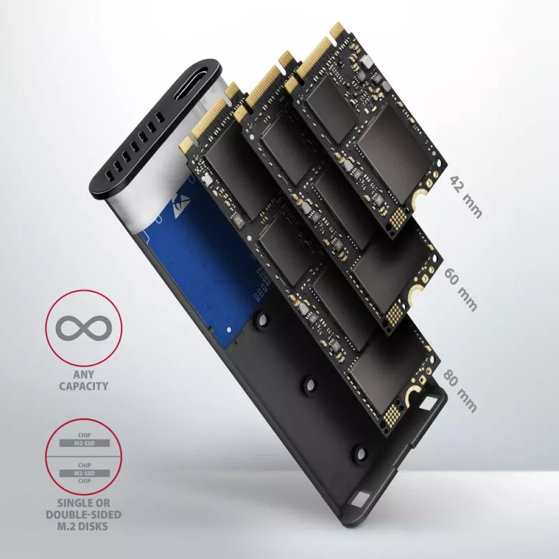 Axagon EEM2-SB2 ārējā USB-C 3.2 Gen 2 metāla kaste M.2 NVMe un SATA SSD diskiem. Bezskrūvju