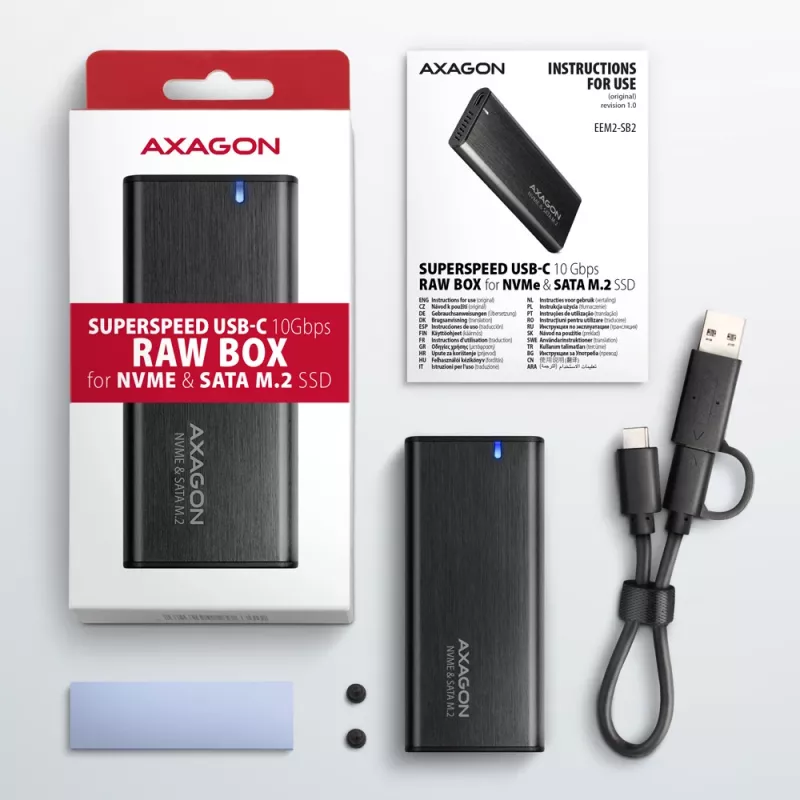 Axagon EEM2-SB2 ārējā USB-C 3.2 Gen 2 metāla kaste M.2 NVMe un SATA SSD diskiem. Bezskrūvju