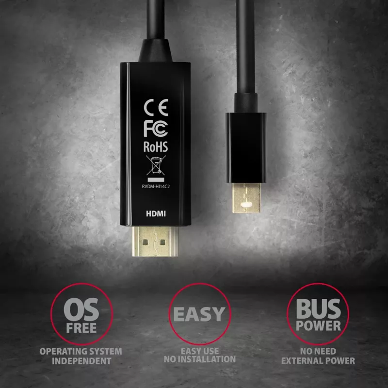 Axagon RVDM-HI14C2 Mini DisplayPort uz HDMI adaptera kabelis 4K 30Hz 1,8m