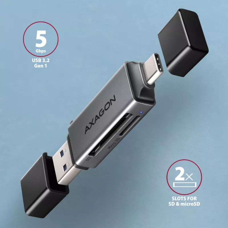 Axagon CRE-DAC USB-C+ USB-A 5 Gbps MINI 2 slotu un LUN SD/microSD karšu lasītājs USB 3.0 Type-A/Type-C Pelēks