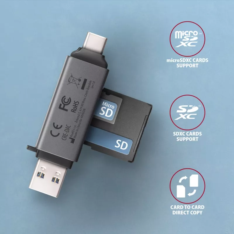 Axagon CRE-DAC USB-C+ USB-A 5 Gbps MINI 2 slotu un LUN SD/microSD karšu lasītājs USB 3.0 Type-A/Type-C Pelēks