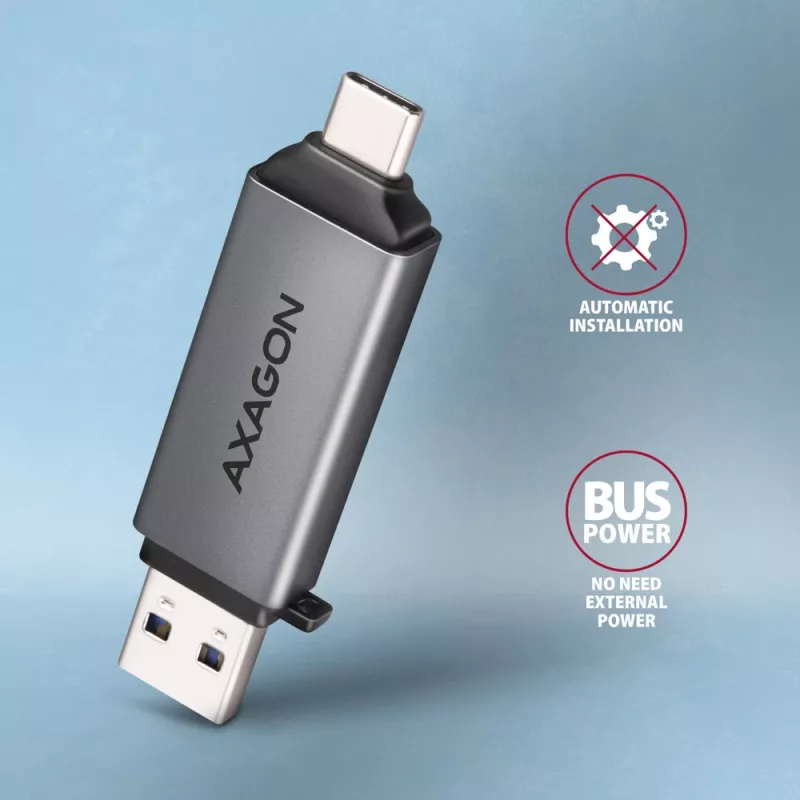 Axagon CRE-DAC USB-C+ USB-A 5 Gbps MINI 2 slotu un LUN SD/microSD karšu lasītājs USB 3.0 Type-A/Type-C Pelēks