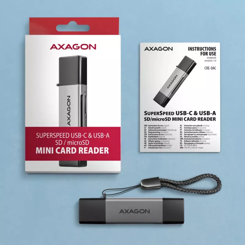 Axagon CRE-DAC USB-C+ USB-A 5 Gbps MINI 2 slotu un LUN SD/microSD karšu lasītājs USB 3.0 Type-A/Type-C Pelēks