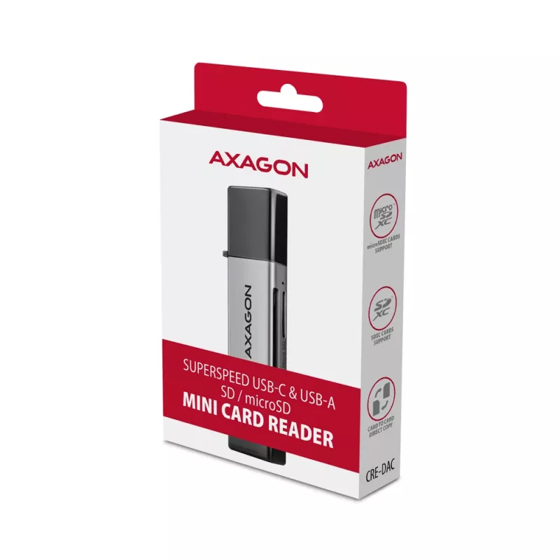 Axagon CRE-DAC USB-C+ USB-A 5 Gbps MINI 2 slotu un LUN SD/microSD karšu lasītājs USB 3.0 Type-A/Type-C Pelēks