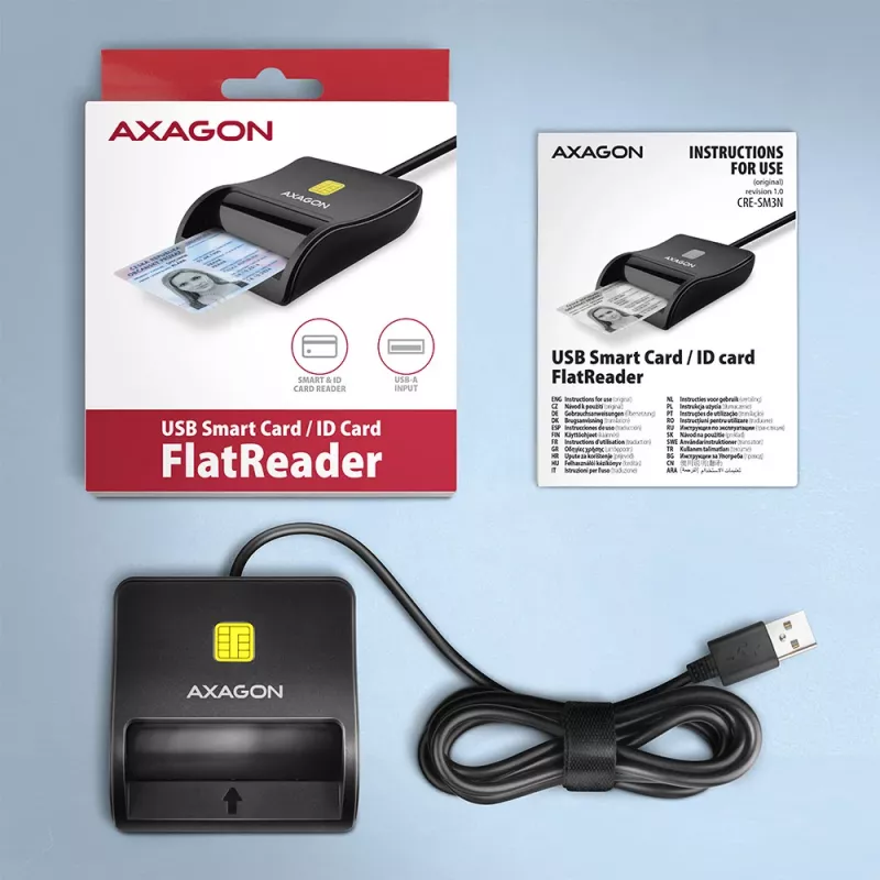 Axagon CRE-SM3N USB-A viedkaršu/ID karšu plakanlasītājs, USB 2.0, 1,3 m, melns, 57 g