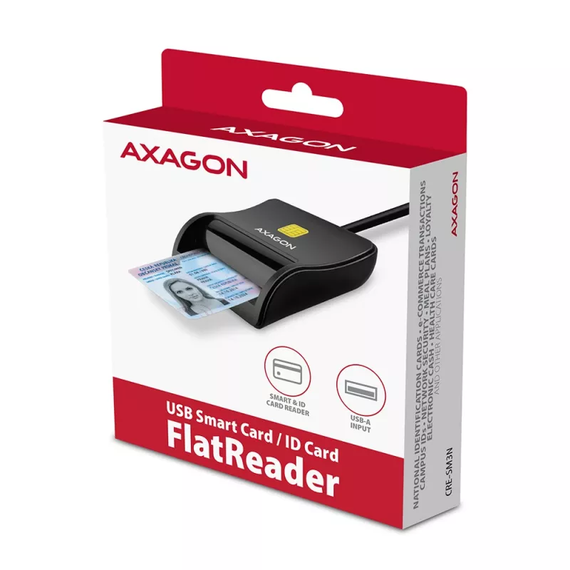 Axagon CRE-SM3N USB-A viedkaršu/ID karšu plakanlasītājs, USB 2.0, 1,3 m, melns, 57 g
