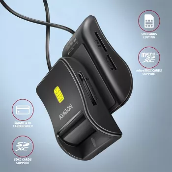 Axagon CRE-SM3SD USB viedkaršu un SD/microSD/SIM plakanā viedkaršu lasītājs iekštelpām USB 2.0 Melns