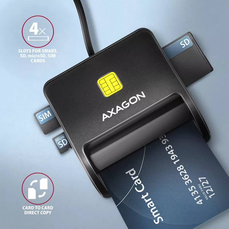 Axagon CRE-SM3SD USB viedkaršu un SD/microSD/SIM plakanā viedkaršu lasītājs iekštelpām USB 2.0 Melns