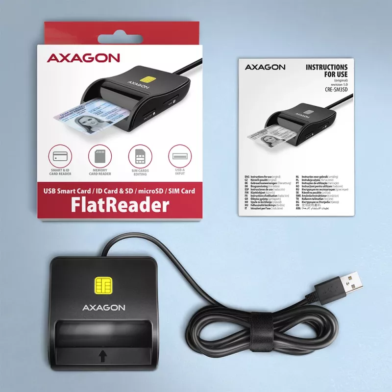 Axagon CRE-SM3SD USB viedkaršu un SD/microSD/SIM plakanā viedkaršu lasītājs iekštelpām USB 2.0 Melns