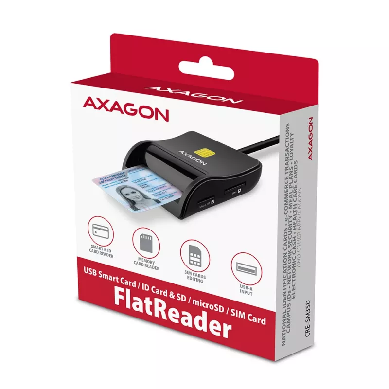 Axagon CRE-SM3SD USB viedkaršu un SD/microSD/SIM plakanā viedkaršu lasītājs iekštelpām USB 2.0 Melns
