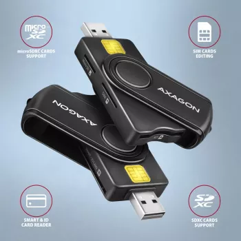 Axagon CRE-SMP2A USB Smart card & SD/microSD/SIM PocketReader viedkaršu lasītājs Iekštelpām USB Type-A/USB Type-C Melns