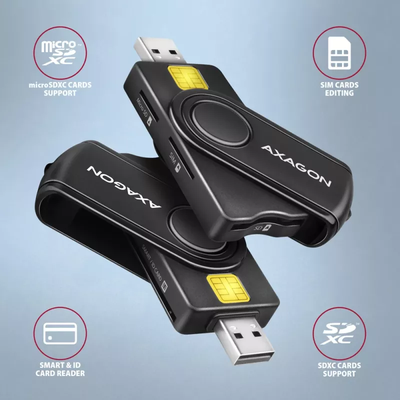 Axagon CRE-SMP2A USB Smart card & SD/microSD/SIM PocketReader viedkaršu lasītājs Iekštelpām USB Type-A/USB Type-C Melns