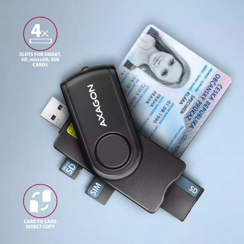 Axagon CRE-SMP2A USB Smart card & SD/microSD/SIM PocketReader viedkaršu lasītājs Iekštelpām USB Type-A/USB Type-C Melns