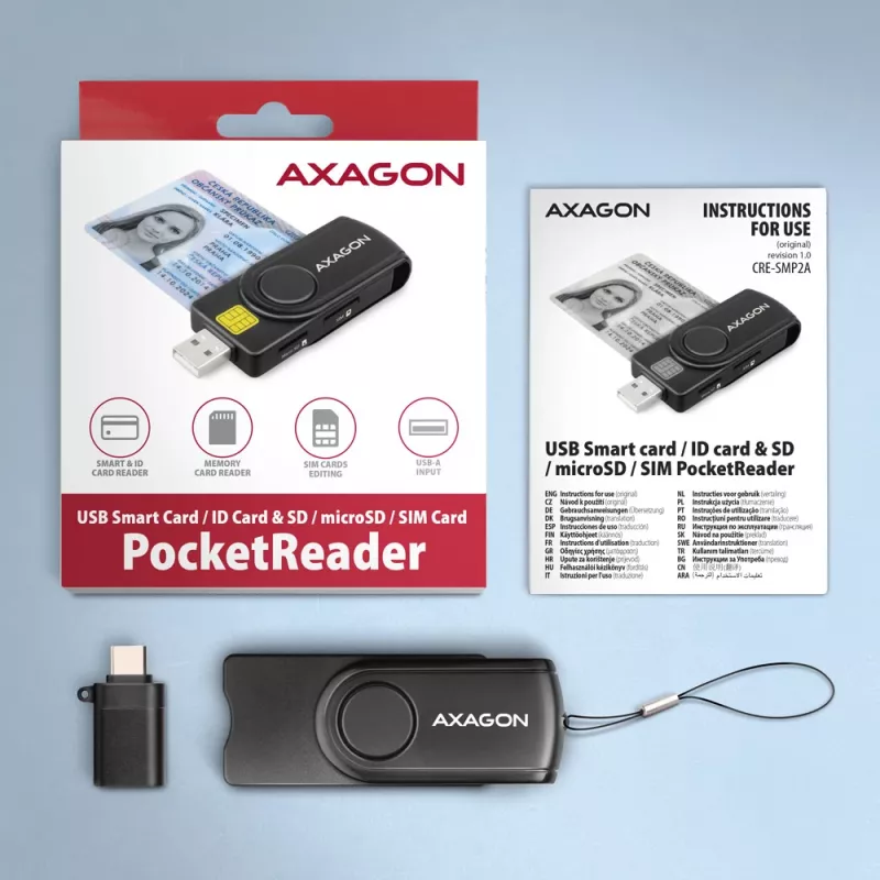 Axagon CRE-SMP2A USB Smart card & SD/microSD/SIM PocketReader viedkaršu lasītājs Iekštelpām USB Type-A/USB Type-C Melns