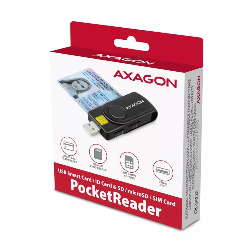 Axagon CRE-SMP2A USB Smart card & SD/microSD/SIM PocketReader viedkaršu lasītājs Iekštelpām USB Type-A/USB Type-C Melns