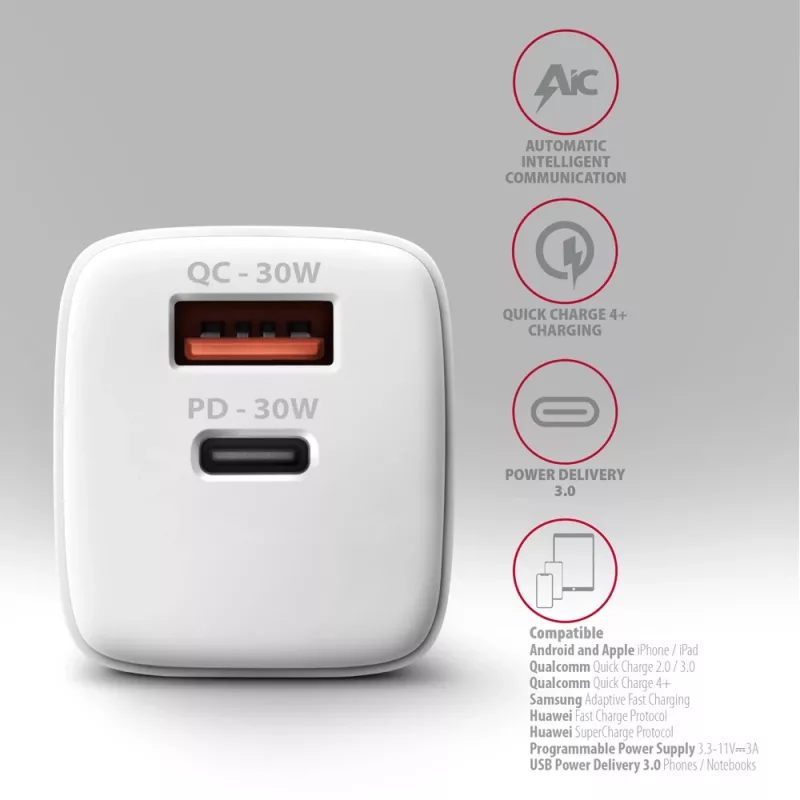 Lādētājs Axagon ACU-PQ30W QC3.0 30W USB-C Balts