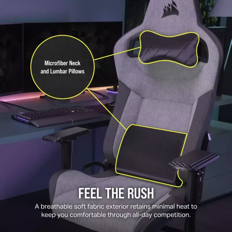 Universāla spēļu krēsla Corsair T3 RUSH 2023 polsterēts sēdeklis antracīta pelēks