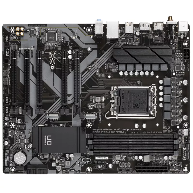 GIGABYTE B760 DS3H AX DDR4 mātesplate - atbalsta Intel Core 14th procesorus, 8+2+1 fāžu digitālais VRM, līdz 5333MHz DDR4 (OC), 2xPCIe 4.0 M.2, Wi-Fi 6E, GbE LAN, USB 3.2 Gen 2