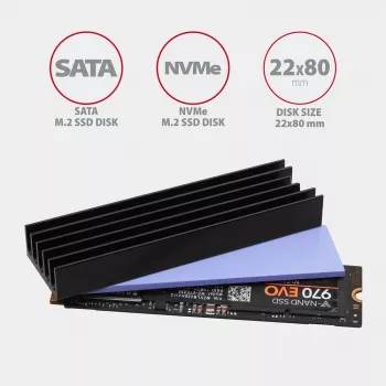Axagon CLR-M2L10 pasīvais alumīnija radiators visām M.2 SSD, izmērs 2280, 10 mm augsts.