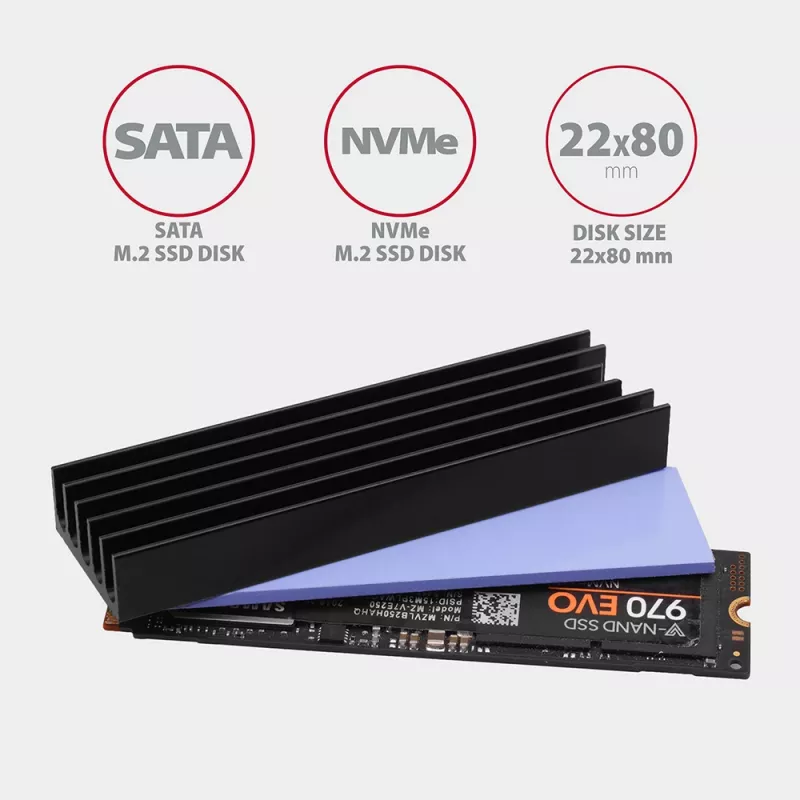 Axagon CLR-M2L10 pasīvais alumīnija radiators visām M.2 SSD, izmērs 2280, 10 mm augsts.