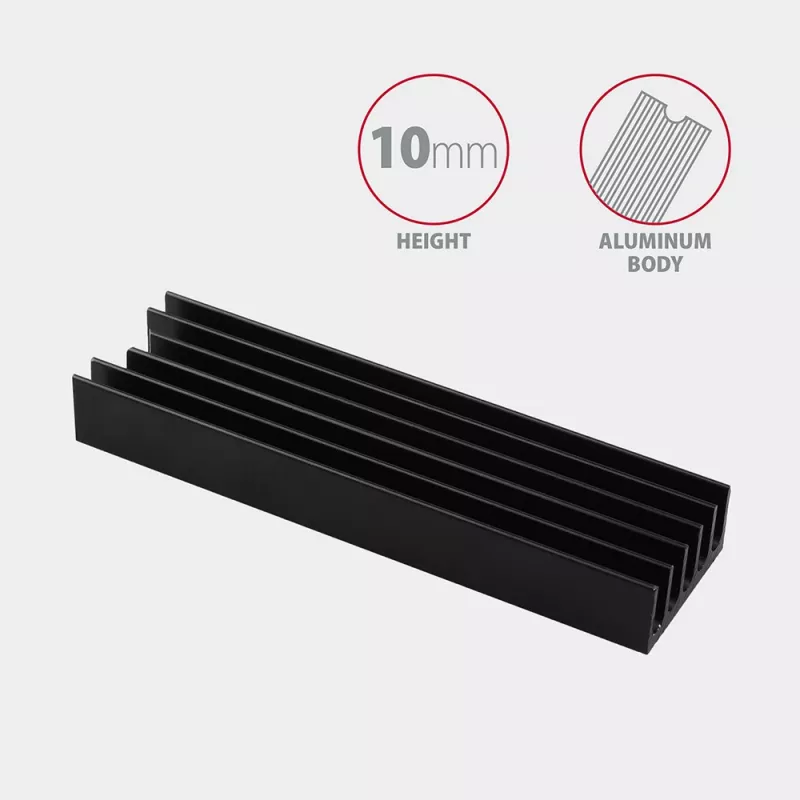 Axagon CLR-M2L10 pasīvais alumīnija radiators visām M.2 SSD, izmērs 2280, 10 mm augsts.
