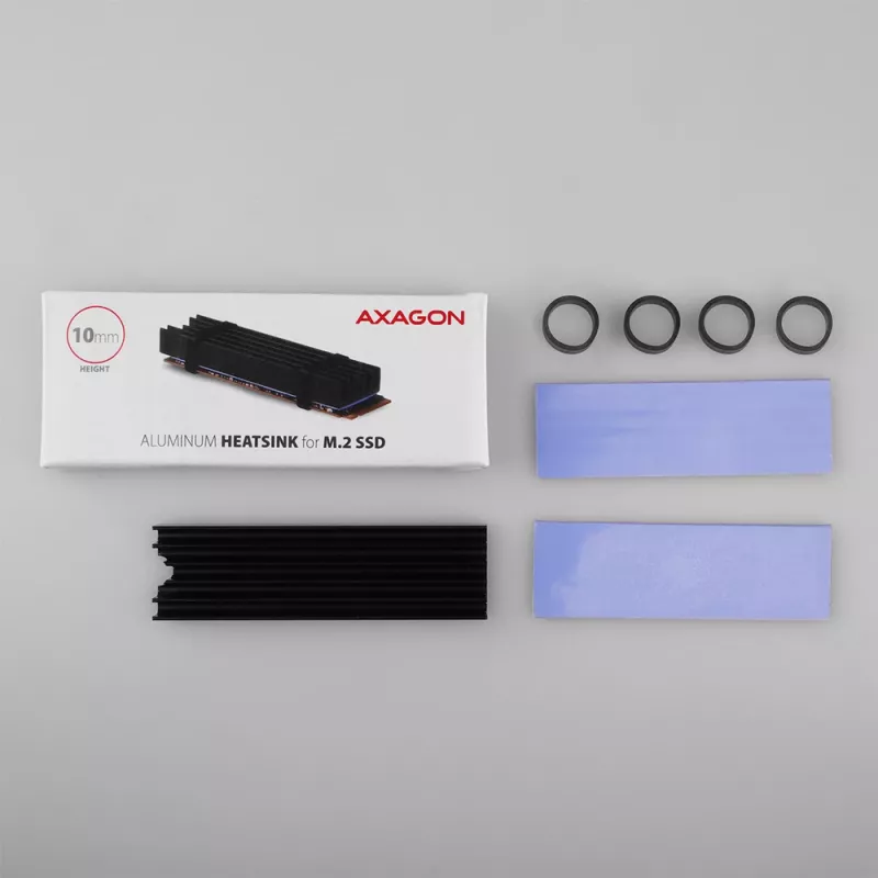 Axagon CLR-M2L10 pasīvais alumīnija radiators visām M.2 SSD, izmērs 2280, 10 mm augsts.