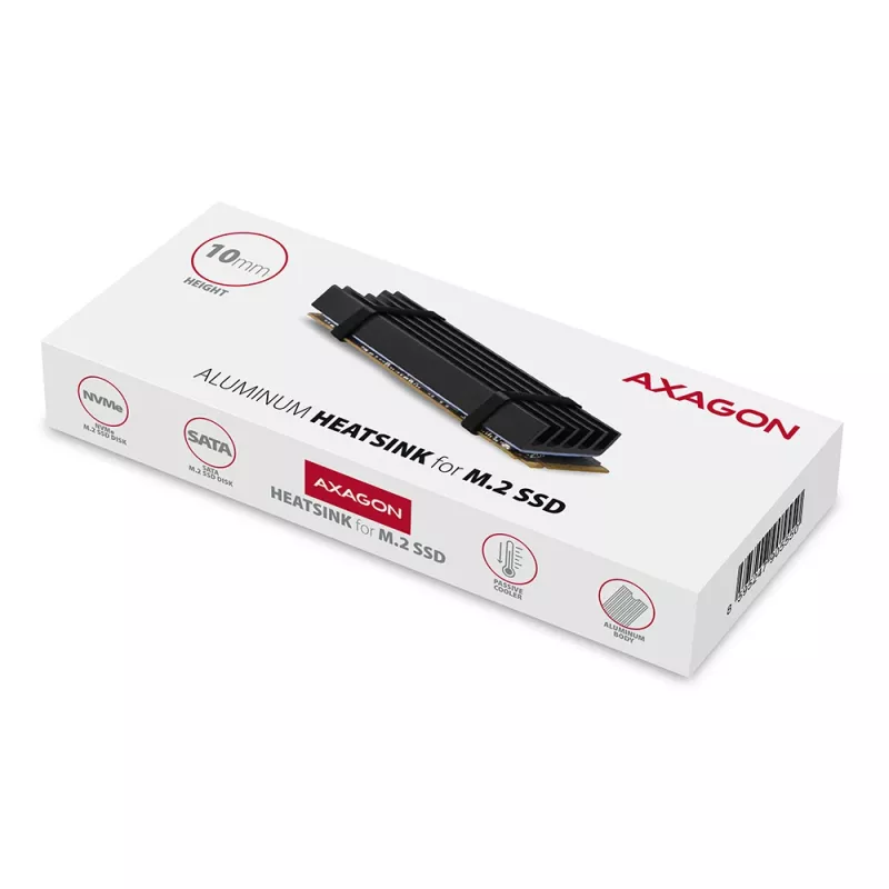 Axagon CLR-M2L10 pasīvais alumīnija radiators visām M.2 SSD, izmērs 2280, 10 mm augsts.