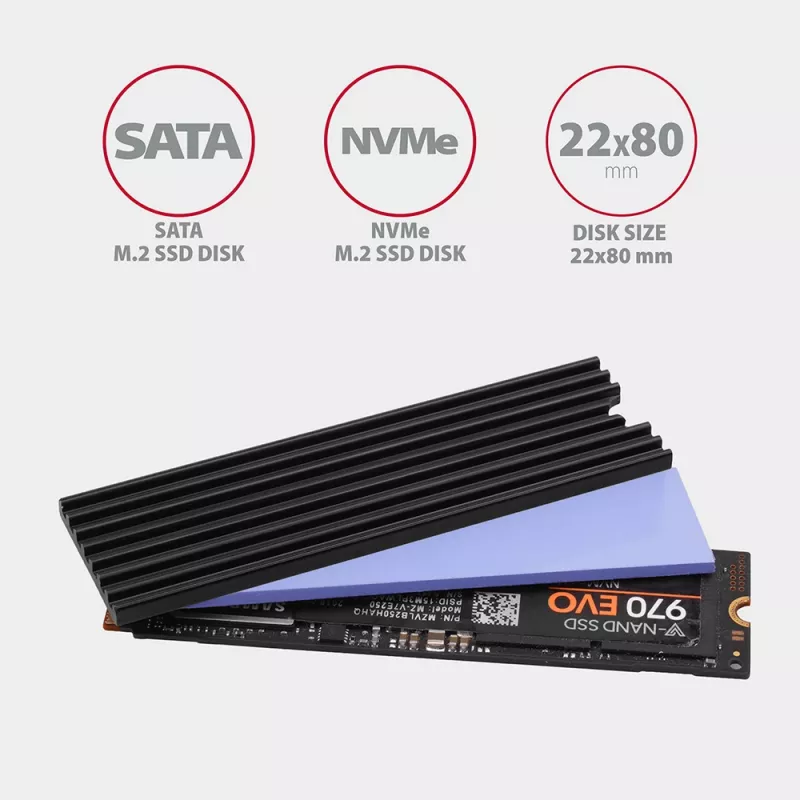 Axagon CLR-M2L3 pasīvs alumīnija dzesētājs visām M.2 SSD, izmērs 2280, augstums 3 mm