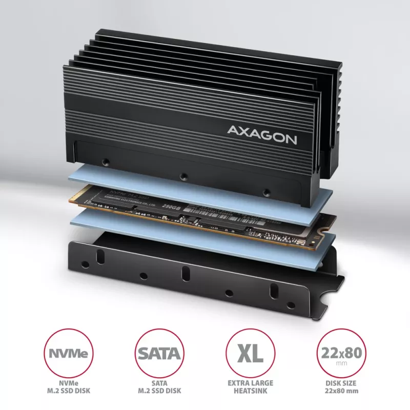 Axagon CLR-M2XL pasīvs alumīnija radiators vienpusējiem un divpusējiem M.2 SSD diskiem, izmērs 2280, augstums 36 mm