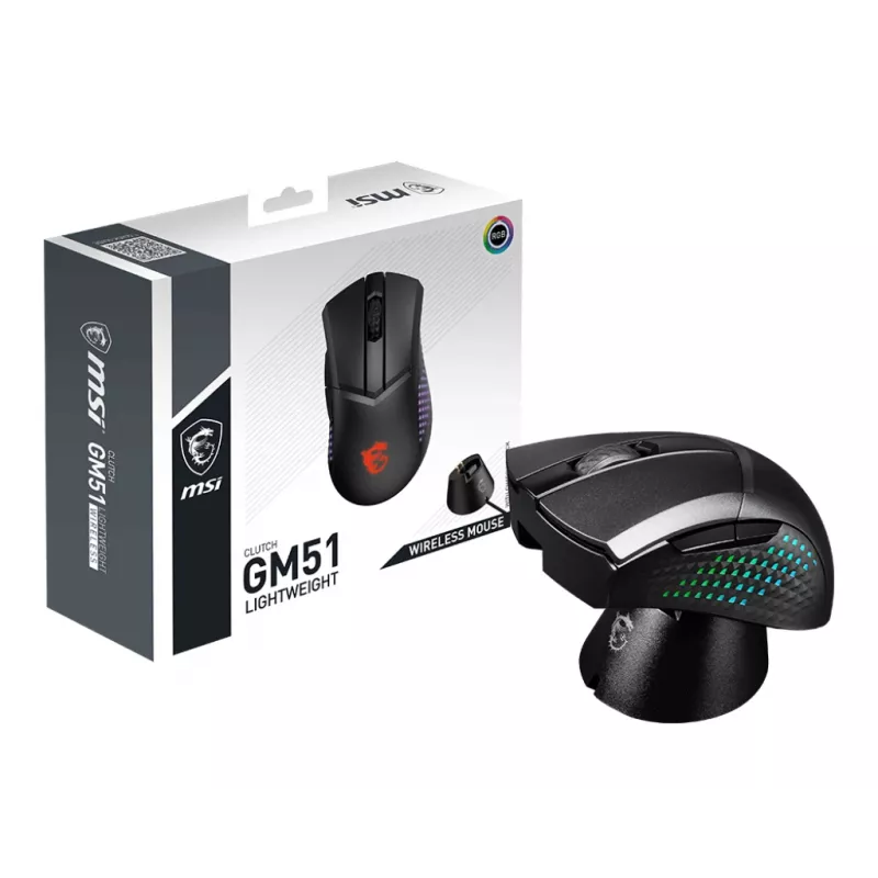 MSI CLUTCH GM51 LIGHTWEIGHT WIRELESS pele Gaming Labā roka RF Wireless + Bluetooth + USB Type-C Optiskā 26000 DPI
