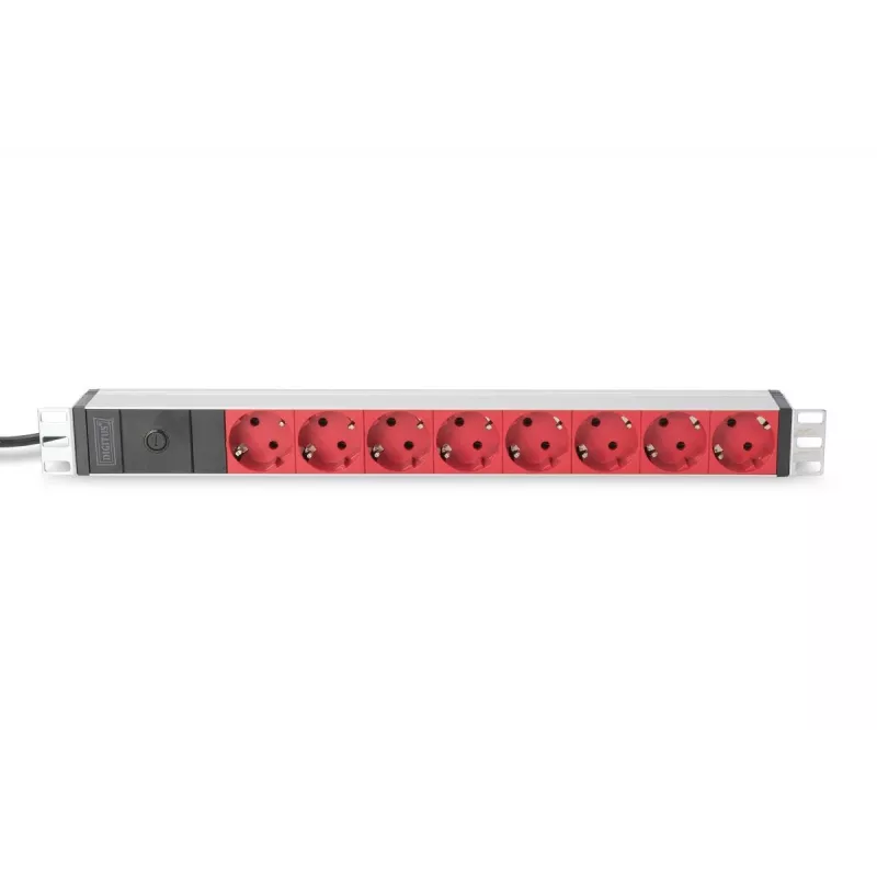 DIGITUS 1U alumīnija PDU, montējams statīvā, 10A spraudnis, 250VAC 50/60Hz, 8x SARKANAS CEE 7/7 ligzdas ar iepriekšēju drošinātāju, IEC C14 spraudnis