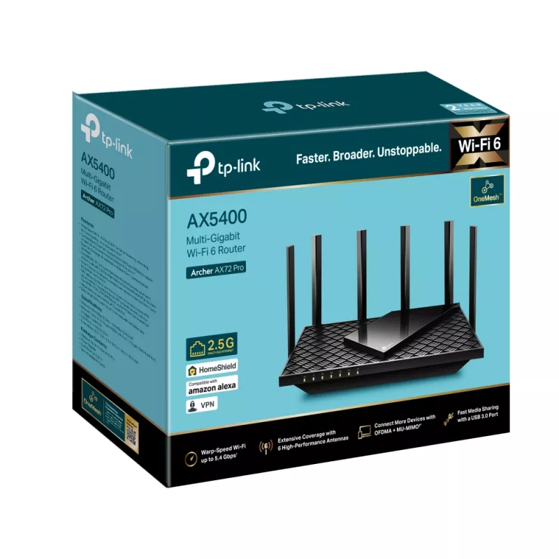 TP-Link Archer AX5400 Multi-Gigabit WiFi 6 maršrutētājs, Wi-Fi 6 (802.11ax), Divjoslu (2.4 GHz / 5 GHz), Ethernet LAN, Melns, Galda/staba maršrutētājs