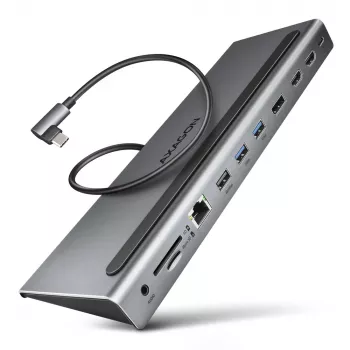 Dokstacija Axagon HMC-4KX3 USB-C 5Gbps centrmezgls, 3x USB-A, 2x HDMI, DP, RJ-45, SD/microSD, audio, PD 100W, kabelis 40cm
