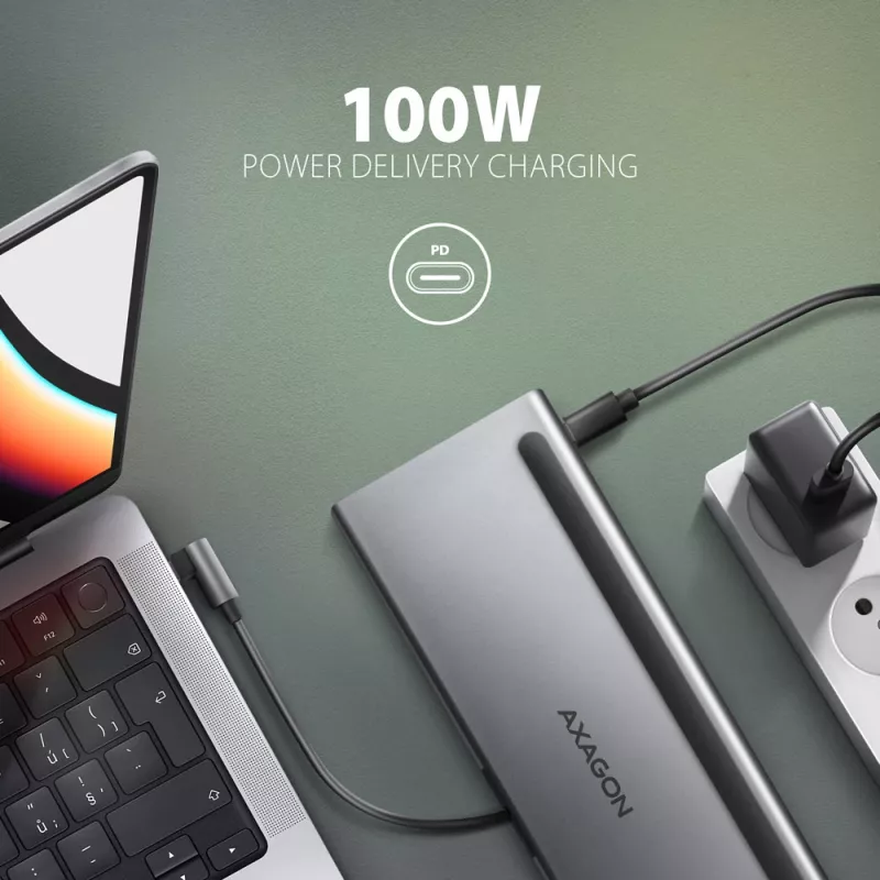 Dokstacija Axagon HMC-4KX3 USB-C 5Gbps centrmezgls, 3x USB-A, 2x HDMI, DP, RJ-45, SD/microSD, audio, PD 100W, kabelis 40cm