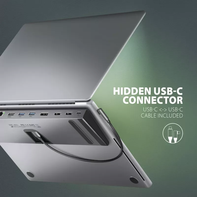 Dokstacija Axagon HMC-4KX3 USB-C 5Gbps centrmezgls, 3x USB-A, 2x HDMI, DP, RJ-45, SD/microSD, audio, PD 100W, kabelis 40cm