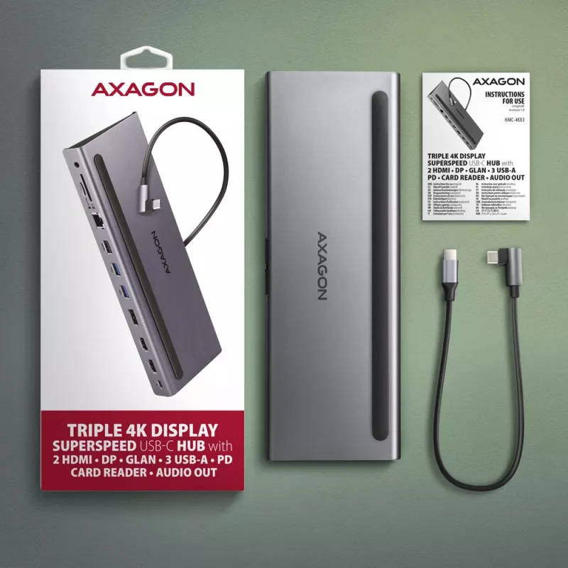 Dokstacija Axagon HMC-4KX3 USB-C 5Gbps centrmezgls, 3x USB-A, 2x HDMI, DP, RJ-45, SD/microSD, audio, PD 100W, kabelis 40cm
