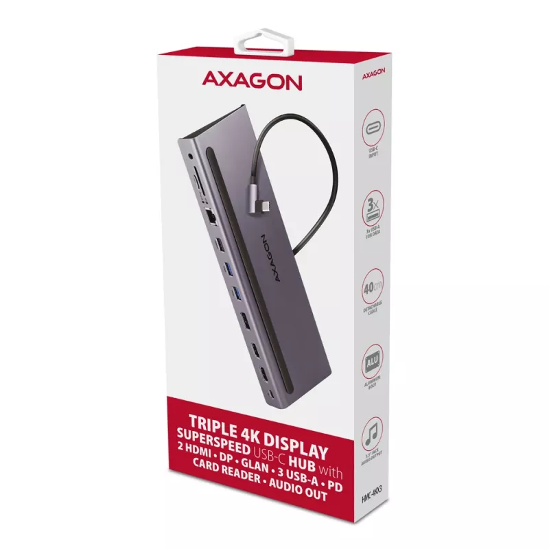 Dokstacija Axagon HMC-4KX3 USB-C 5Gbps centrmezgls, 3x USB-A, 2x HDMI, DP, RJ-45, SD/microSD, audio, PD 100W, kabelis 40cm