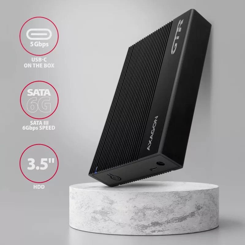 Axagon EE35-GTR USB-C 5Gbps - SATA 6G, 3.5 RIBBED box MELNS - USB Type C HDD korpuss 3.5 collu