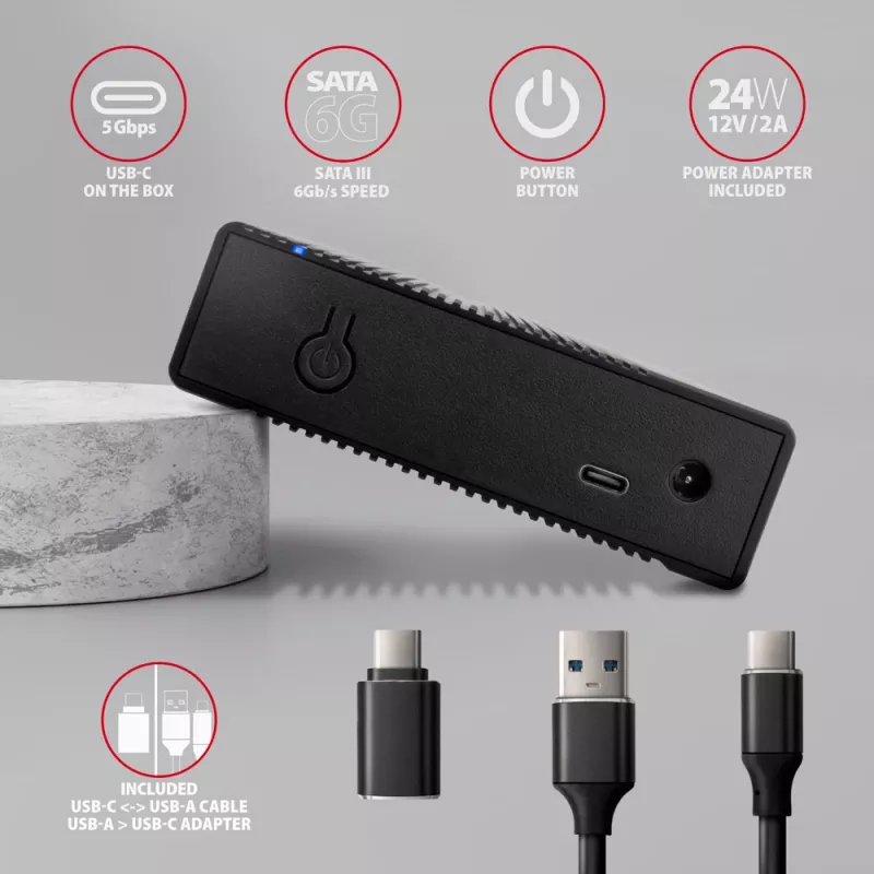 Axagon EE35-GTR USB-C 5Gbps - SATA 6G, 3.5 RIBBED box MELNS - USB Type C HDD korpuss 3.5 collu