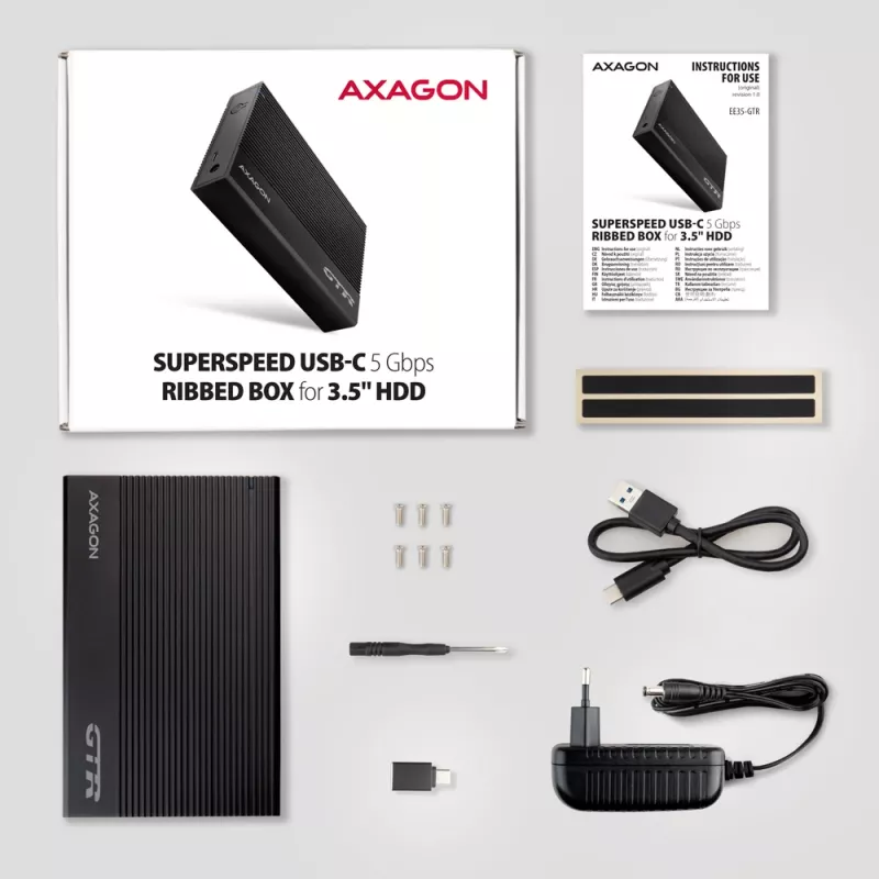 Axagon EE35-GTR USB-C 5Gbps - SATA 6G, 3.5 RIBBED box MELNS - USB Type C HDD korpuss 3.5 collu