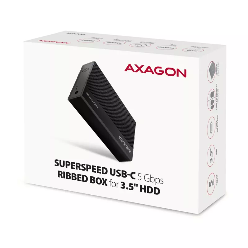 Axagon EE35-GTR USB-C 5Gbps - SATA 6G, 3.5 RIBBED box MELNS - USB Type C HDD korpuss 3.5 collu