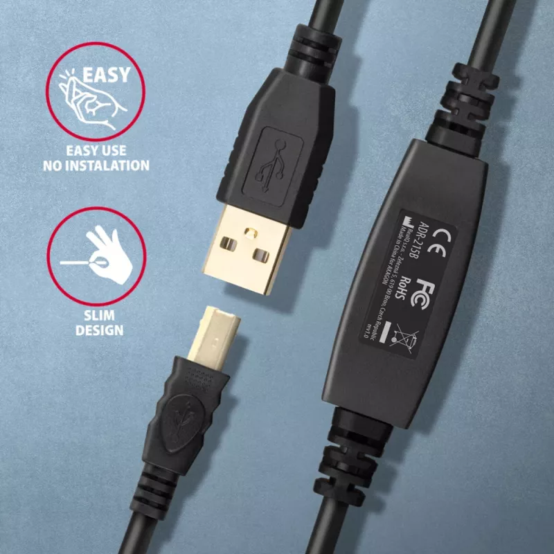 Axagon ADR-215B USB 2.0 A-M -> B-M aktīvais savienotāj-/retranslācijas kabelis 15 m