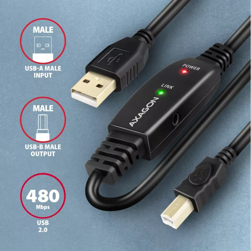 Axagon ADR-220B USB 2.0 A-M -> B-M aktīvs savienojošais/atkārtotāja kabelis 20 m