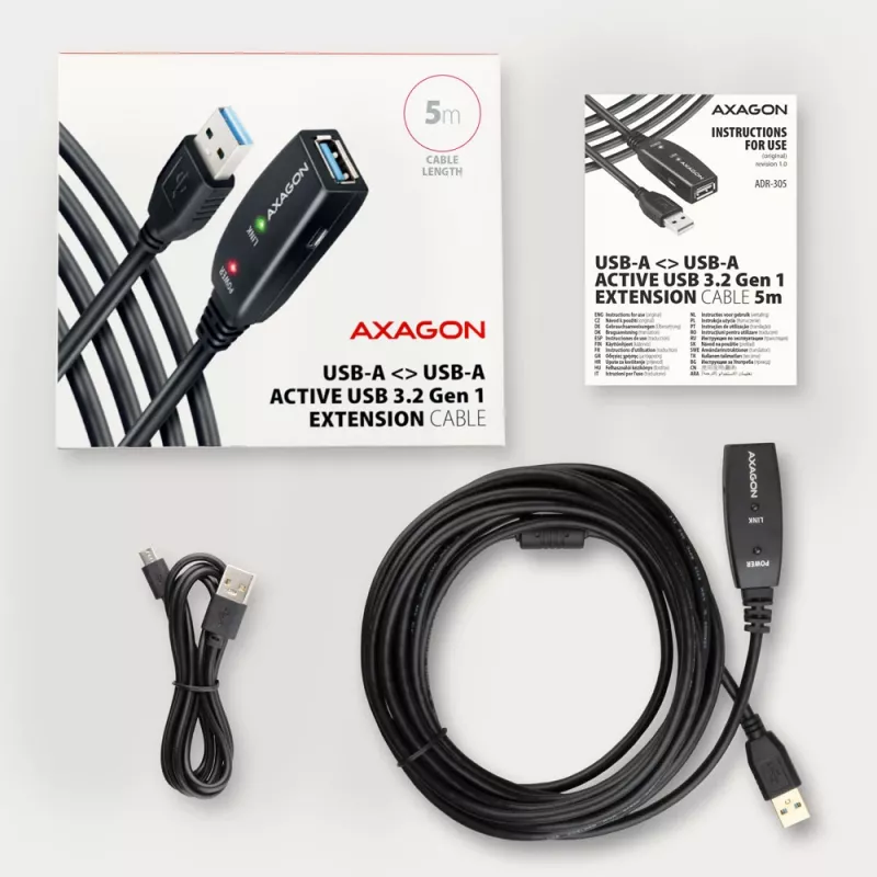 Axagon ADR-305 USB 3.2 Gen 1 A-M -> A-F aktīvais pagarinātājs/atkārtotājs 5 m