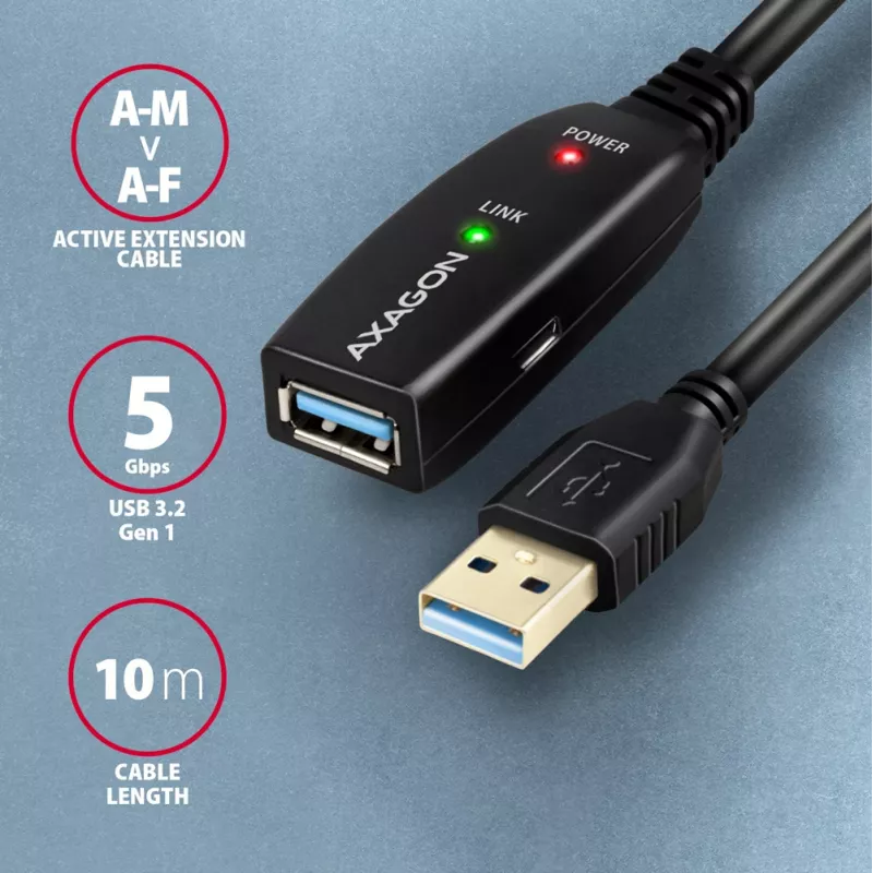 Axagon ADR-310 USB 3.2 Gen 1 A-M -> A-F aktīvs pagarinātāja/retranslatora kabelis 10 m